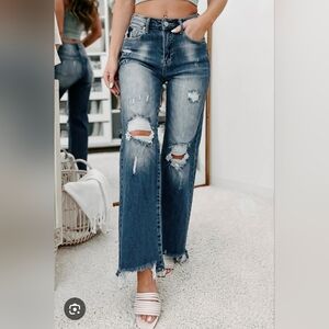 Risen High-Rise Wide-Leg Distressed Jeans